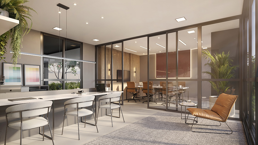 Espaço coworking do Beyond, apartamento em Londrina da Yticon