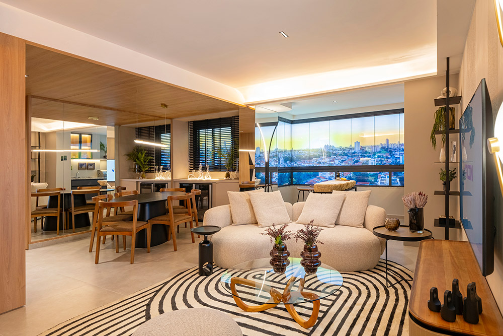 Living integrado decorado no apartamento Yticon